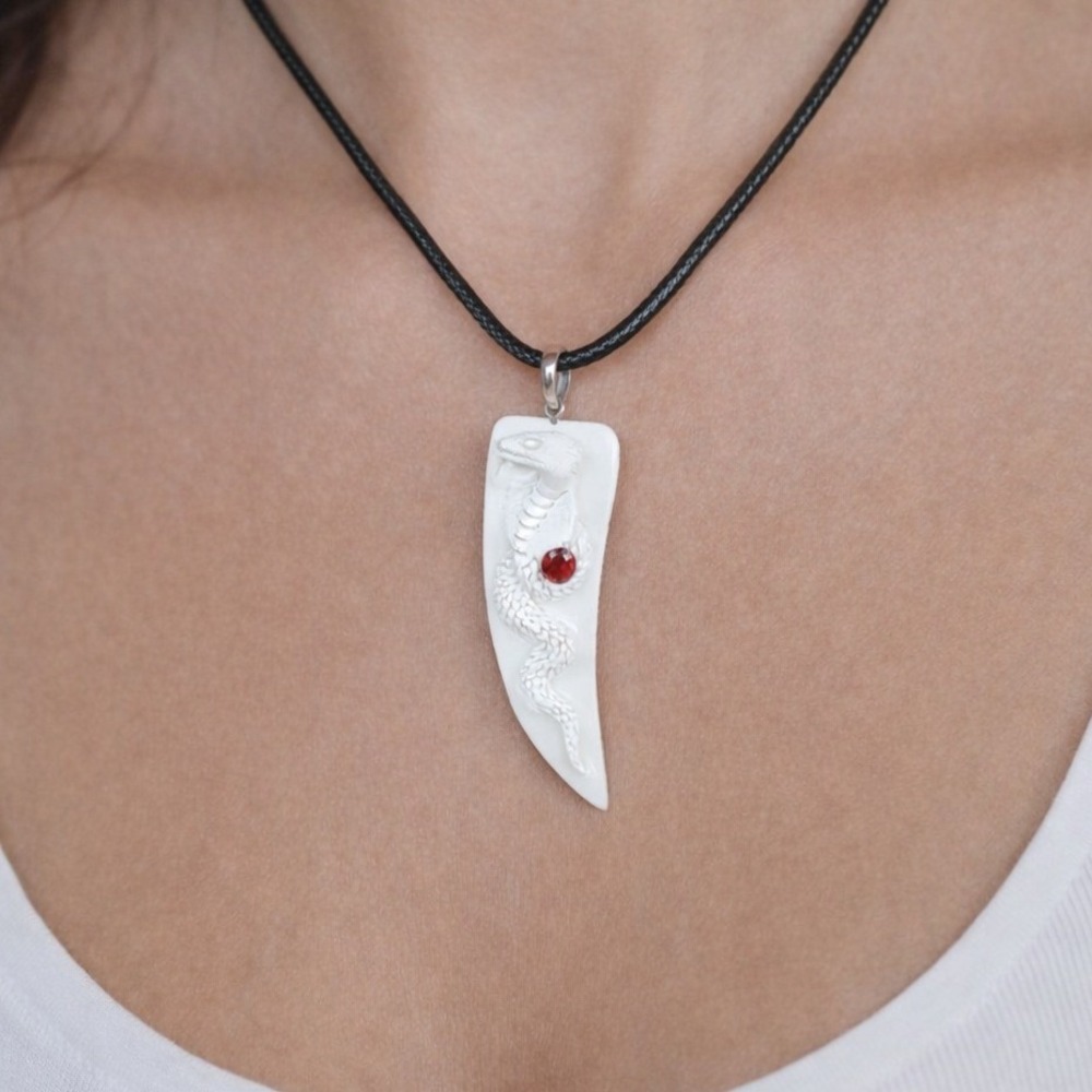 Carved Snake Fang Pendant Necklace White Tooth Style Gothic Charm 2"